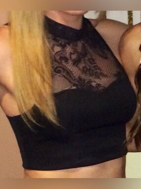 Fora Black Crop Top High Neck Lace